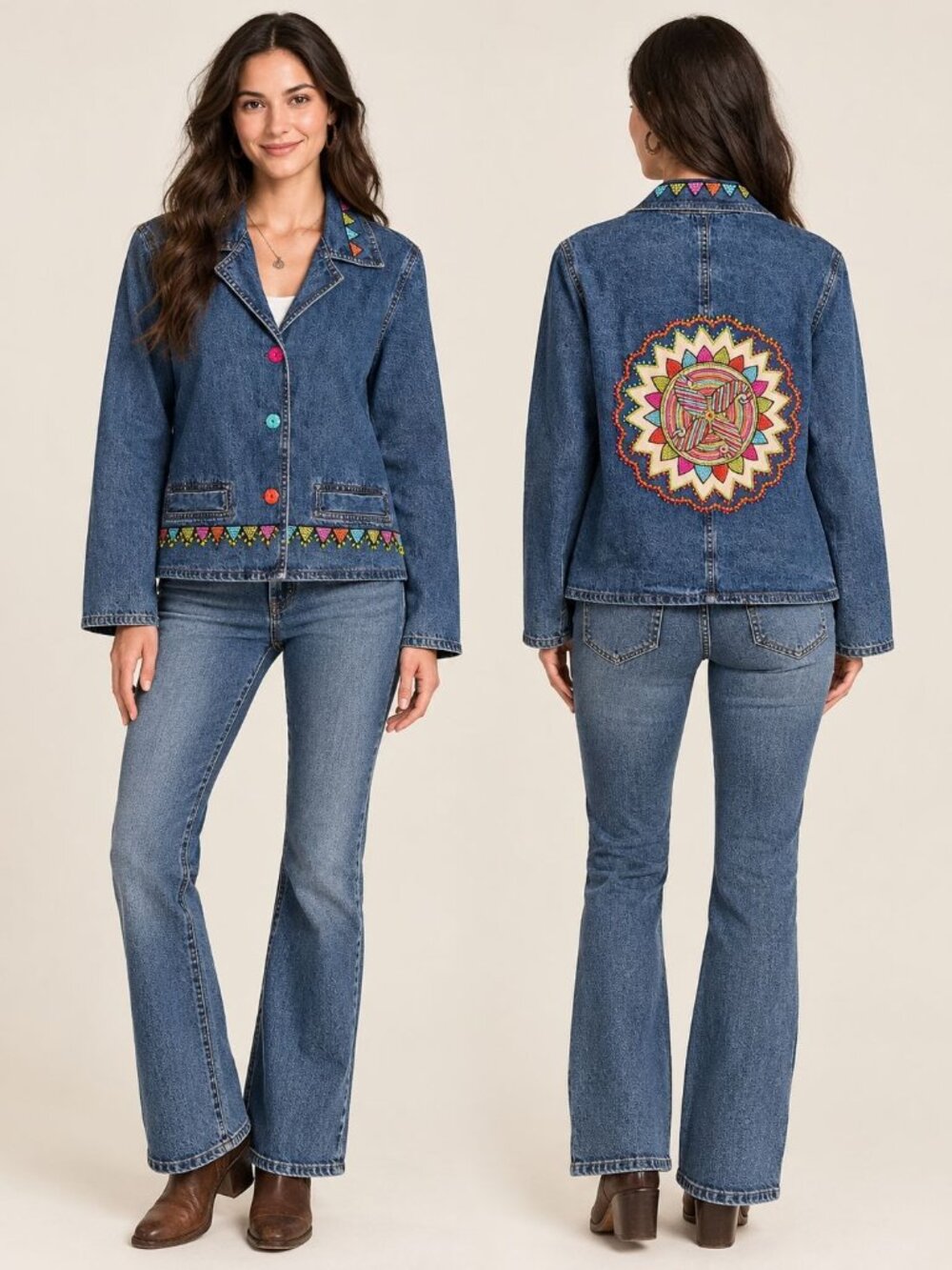 Carrie Allen Beaded Sunburst Denim Jacket Womens S Boho Festival Art to Wear 90s